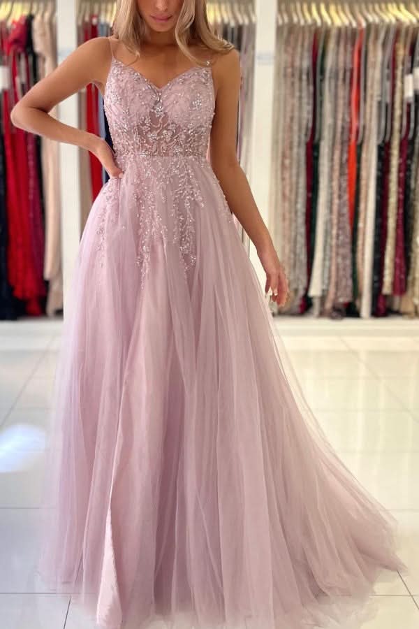 Beadings Spaghetti Strap Tulle A-Line Evening Dress BM bride