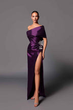Purple One Shoulder Sleeveless Pleated Beadings Long Prom Dress With Split