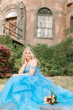 Enchanting Blue Off-the-Shoulder Ruffle Tiered Tulle Long Prom Dresses,Formal Dresses,Prom Gowns,Women Formal Gowns,Quincea?Era Dresses,Cocktail Dresses,Prom Dress Custom Size with Appliques BM bride