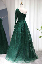 Emerald One Shoulder Long Sleeves Prom Dress Tulle With Diamond Appliques