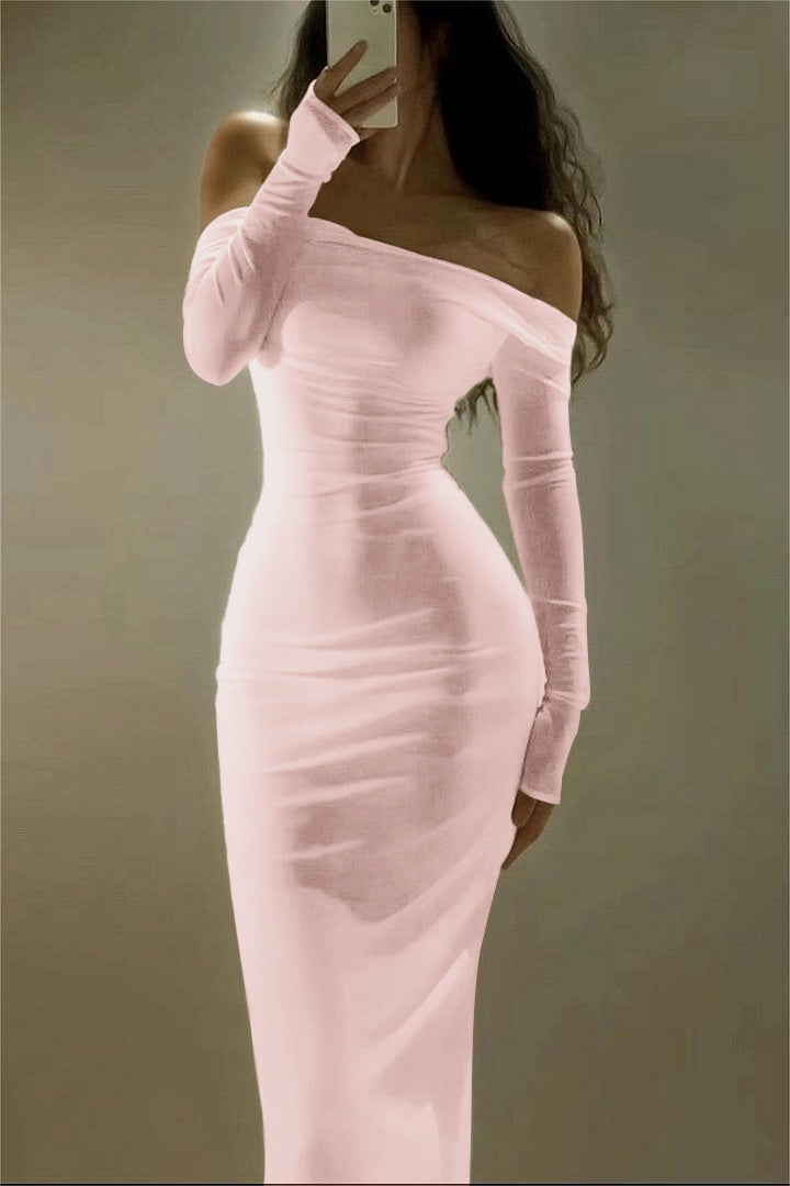 Off the Shoulder Strapless Long Sleeves Long Prom Dress With Pleated BMBRIDE