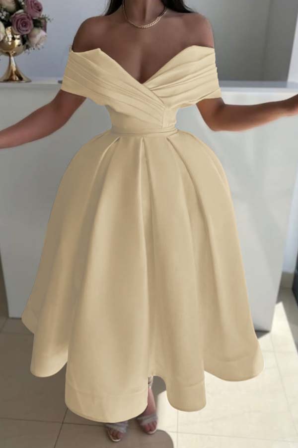 Off the Shoulder Sleeveless A Line Prom Dress With Pleated BMBRIDE