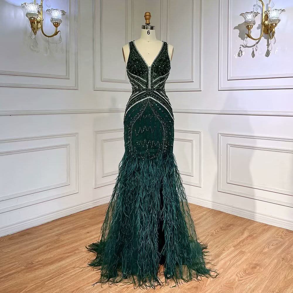 Green Sequin Prom Dress, Beaded V-Neck Long with Feather BM bride