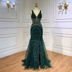 Green Sequin Prom Dress, Beaded V-Neck Long with Feather BM bride