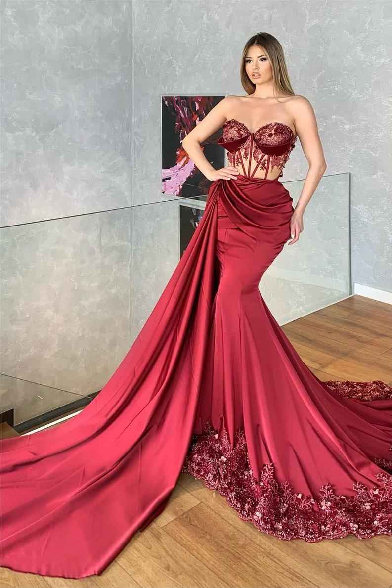 Glamorous Strapless Sleeveless Long Pleated Mermaid Prom Dress With Embroidery