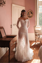 Off the Shoulder Long Sleeves Long Prom Dress With Lace Appliques