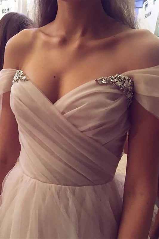 Chic Off the Shoulder Tulle Strapless Sleeveless Long Ball Gown Prom Dress