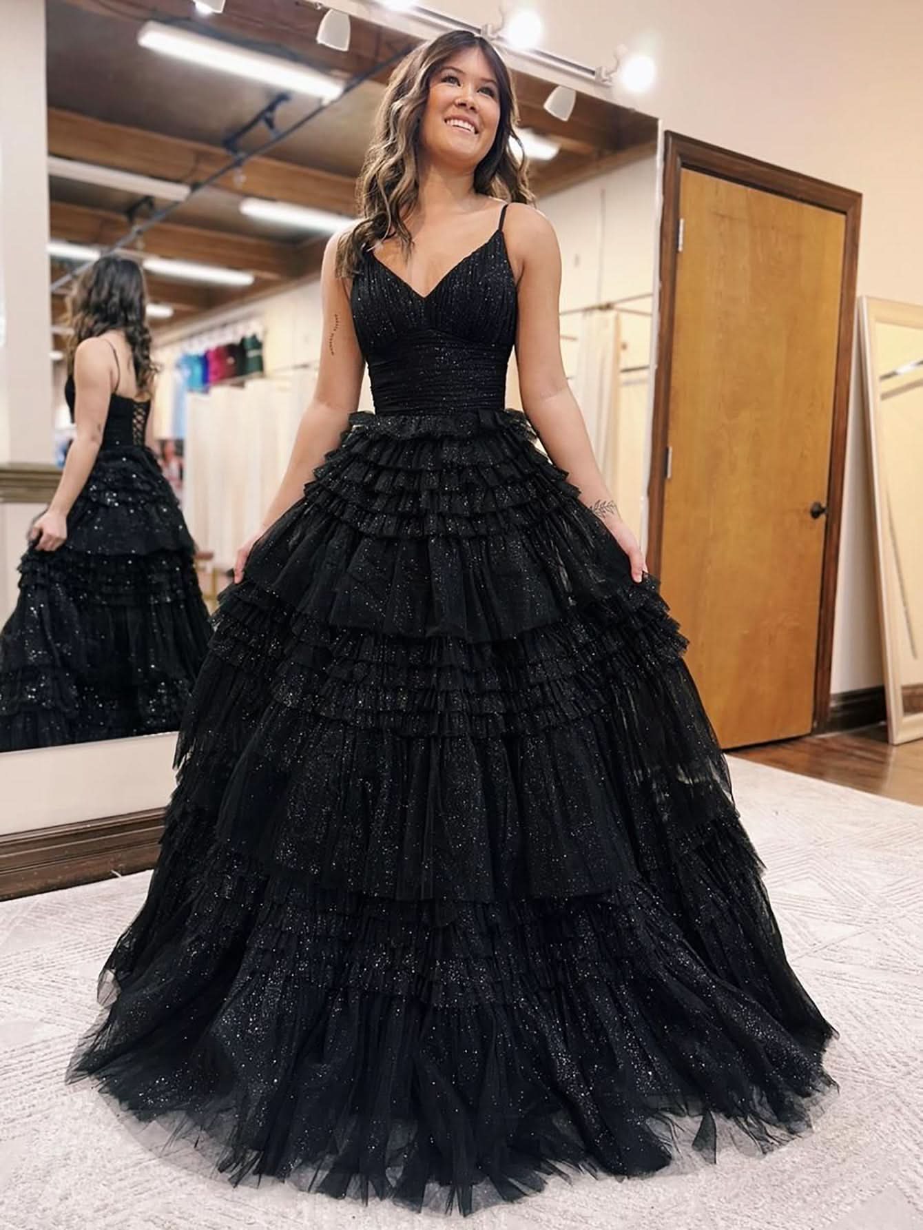 Elegant A-Line Deep V Neck Tiered Long Glitter Tulle Prom Dress BM bride