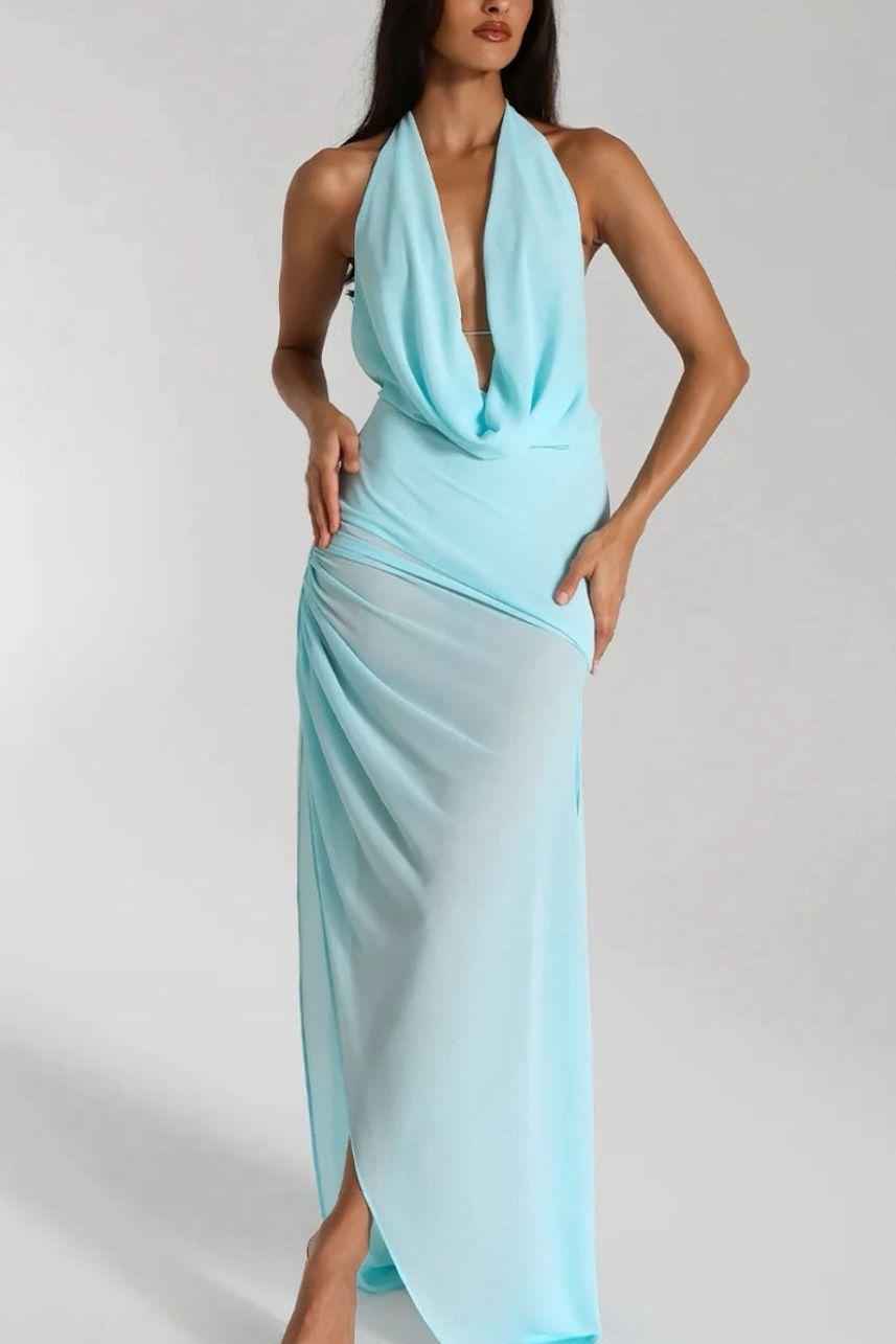 Halter Backless Sleeveless Pleated Long Prom Dress With Split