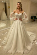 Sweetheart Long Sleeve Backless A-Line Train Wedding Dress with Lace Appliques BM bride