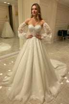 Sweetheart Long Sleeve Backless A-Line Train Wedding Dress with Lace Appliques BM bride