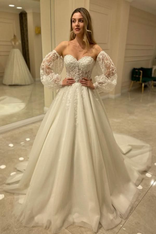 Sweetheart Long Sleeve Backless A-Line Train Wedding Dress with Lace Appliques BM bride
