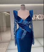 Prom Dress Royal Blue Long Sleeves Mermaid Charmeuse Beading