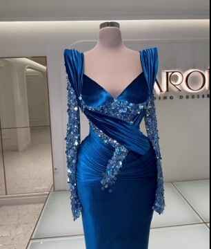Prom Dress Royal Blue Long Sleeves Mermaid Charmeuse Beading