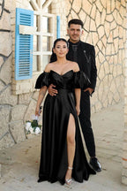 Dusty Blue Sweetheart Off-the-Shoulder Puff Sleeve Evening Dress with Front Split BM bride