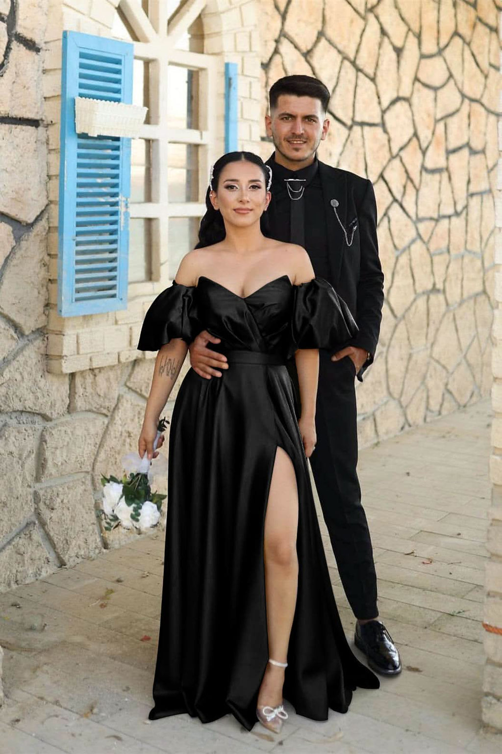 Dusty Blue Sweetheart Off-The-Shoulder Puff Sleeves Evening Dress with Front Split BM bride