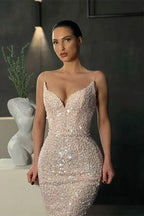 Sequins Long Mermaid Evening Dress with Spaghetti Straps BM bride