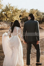 A-Line Lace Long Sleeve Scoop Neck Sweep Train Wedding Dress BM bride