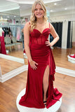 Rich Dark Red Sweetheart Satin Mermaid Long Prom Dress with Slit BM bride