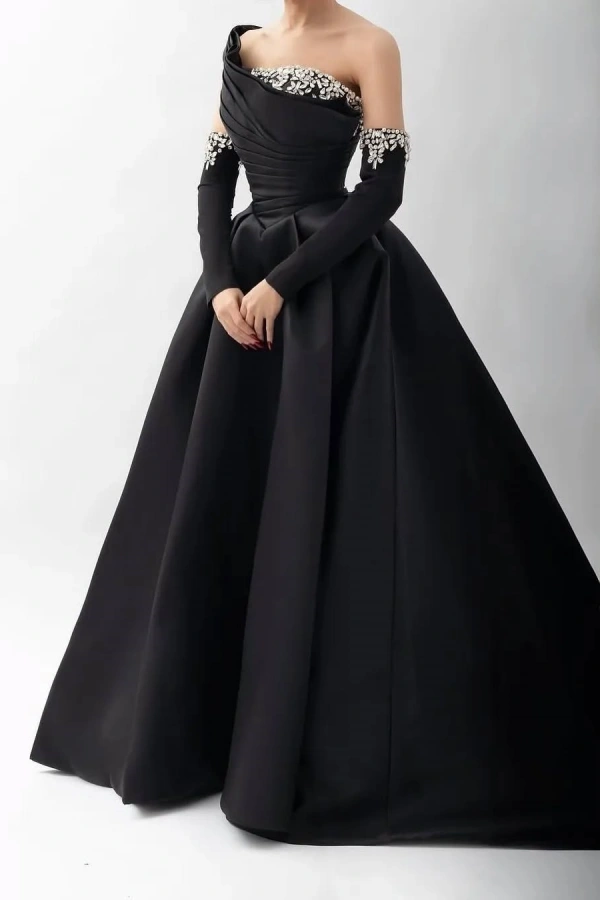 One Shoulder A Line Long Prom Dress With Beading Detachable sleeves BMBRIDE