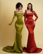 Burgundy Charmeuse Prom Dress Long Sleeves Mermaid with Beadings BM bride