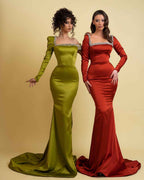 Square Neck Prom Dress Burgundy Long Sleeves Mermaid With Beading