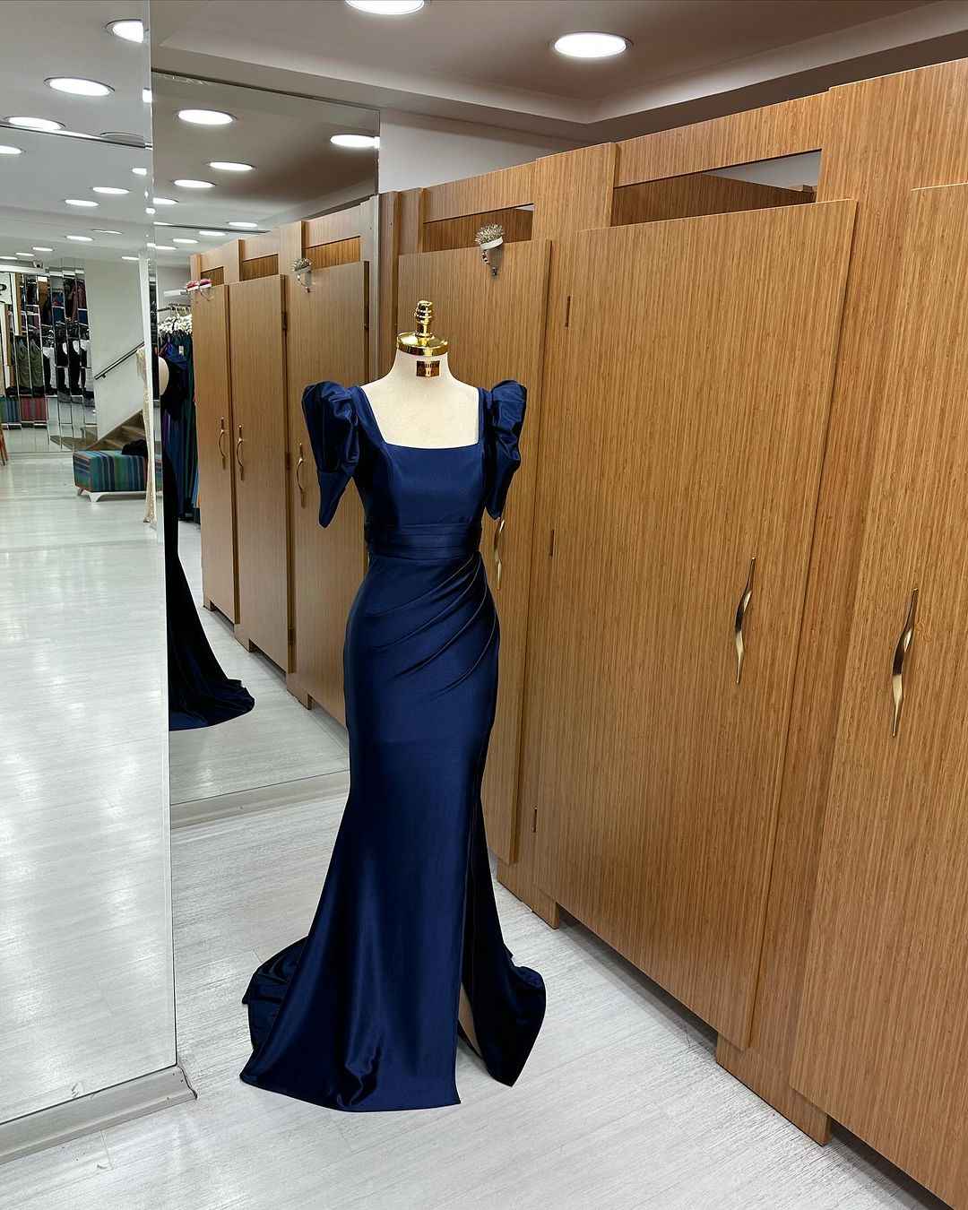Royal Blue Long Mermaid Prom Dress Bubble Sleeves Square With Slit