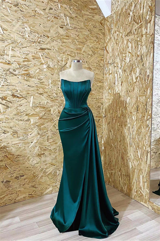 Gorgeous Dark Green Strapless Long Mermaid Prom Dress with Pleated Ruffles BM bride
