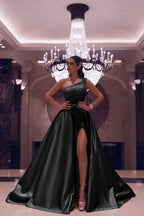 Silvery One-Shoulder Long Mermaid Prom Dress with Split and Sequins BM bride