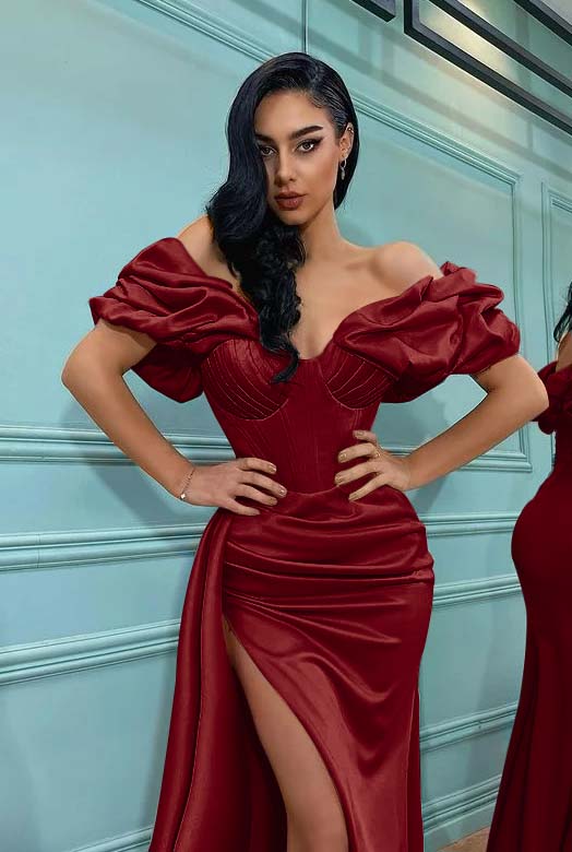 Pink Mermaid Off the Shoulder Sweetheart High Split Prom Dress With Pleated BMBRIDE