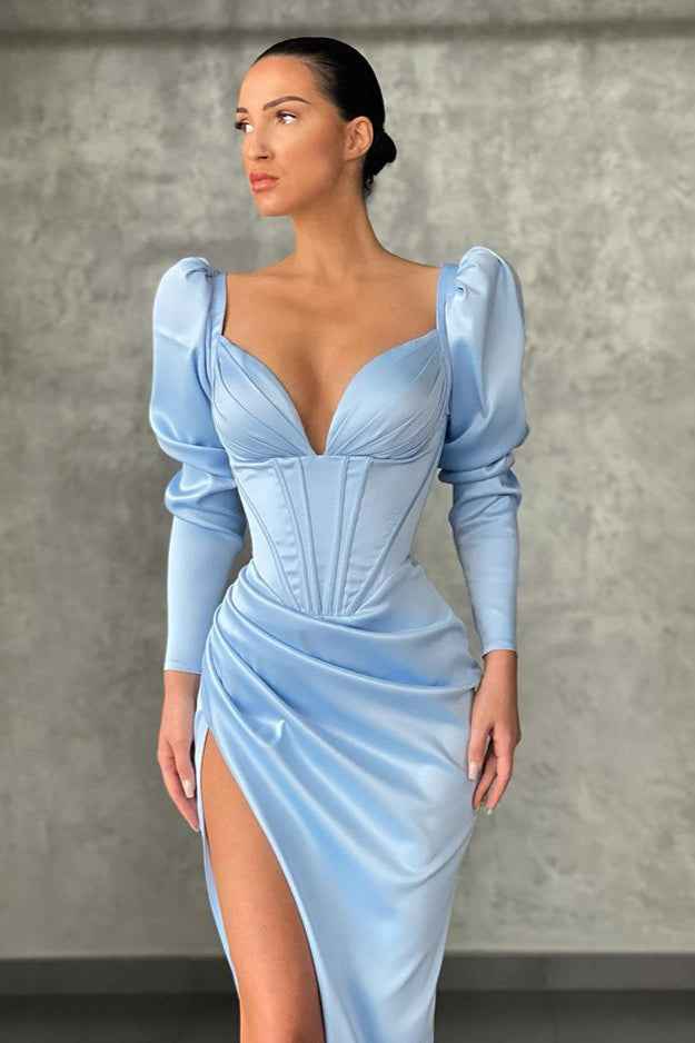 Chic V Neck Long Sleeves Pleated Long Mermaid Prom Dress With High Split