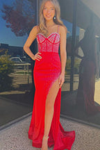 Striking Royal Blue Sweetheart Beaded Mermaid Long Prom Dress with Slit BM bride