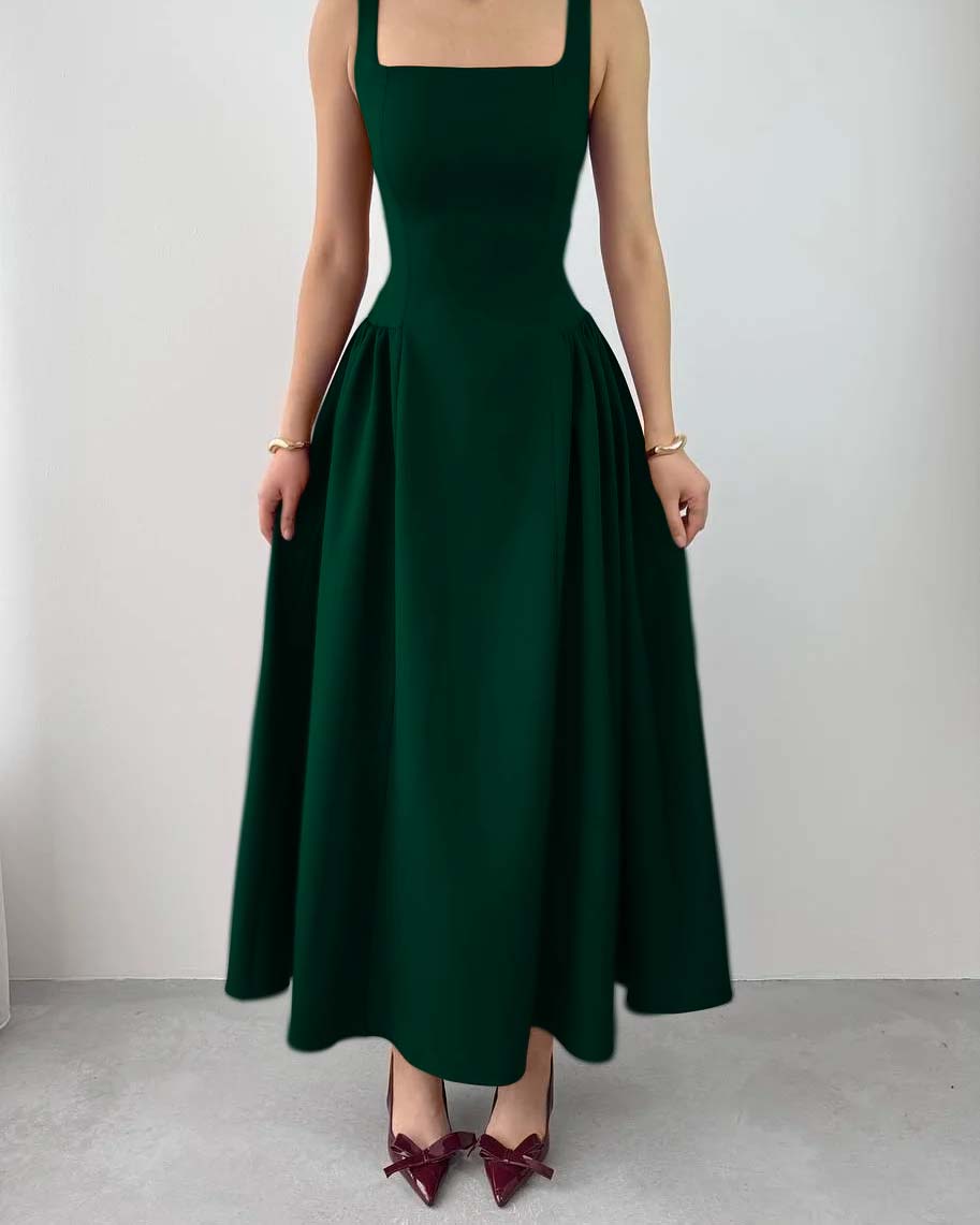 Sleeveless Square Neck Straps Tea Length Prom Dress With Pleated