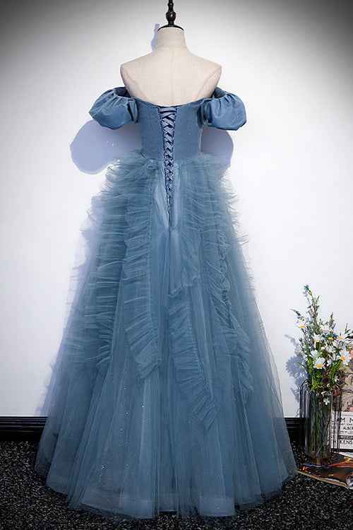 Gorgeous Dusty Blue Off the Shoulder Strapless Long Prom Dress Tulle