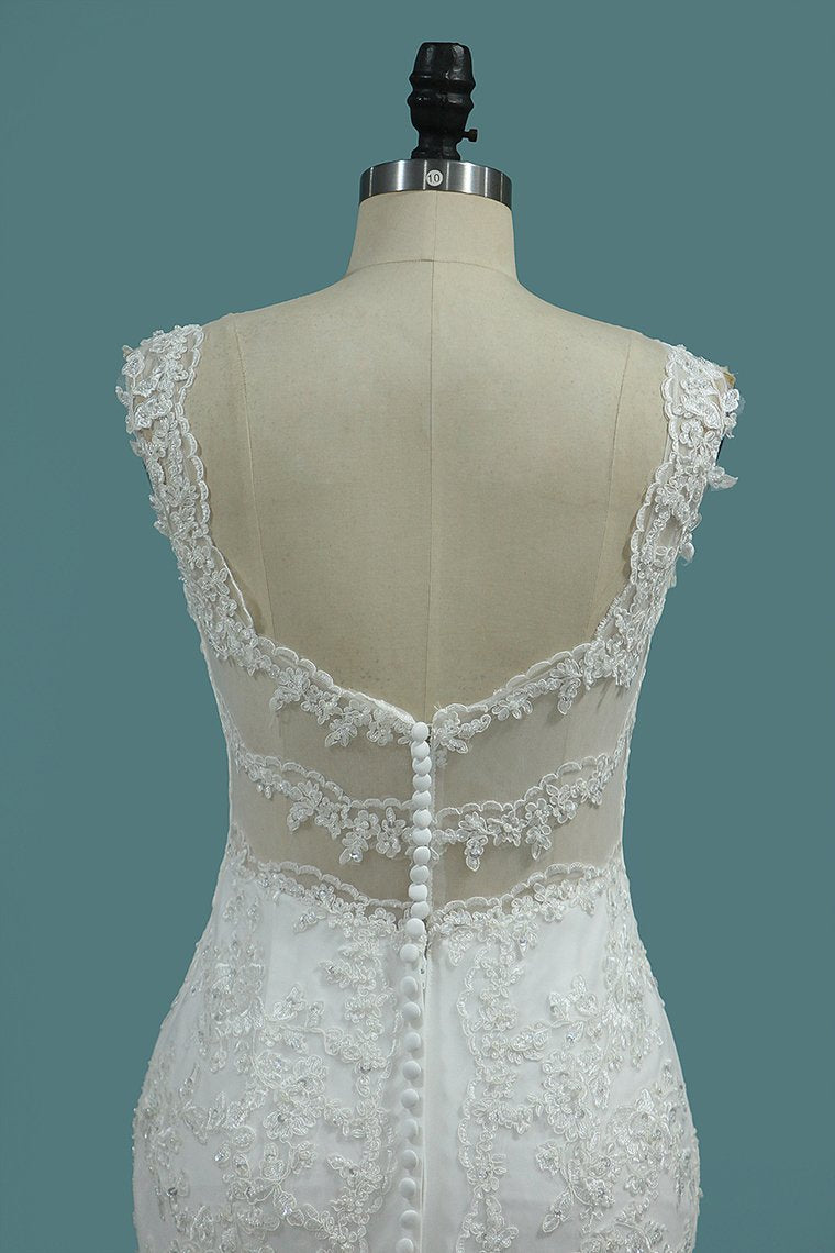 Wide Straps V-neck Mermaid Wedding Dress Floor-length With Appliques Lace BM bride