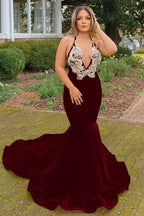 Yellow Halter V-Neck Mermaid Prom Dress with Applique BM bride