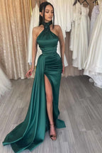 Dark Green High Neck Mermaid Evening Dress with Split Beadings and Ruffles BM bride
