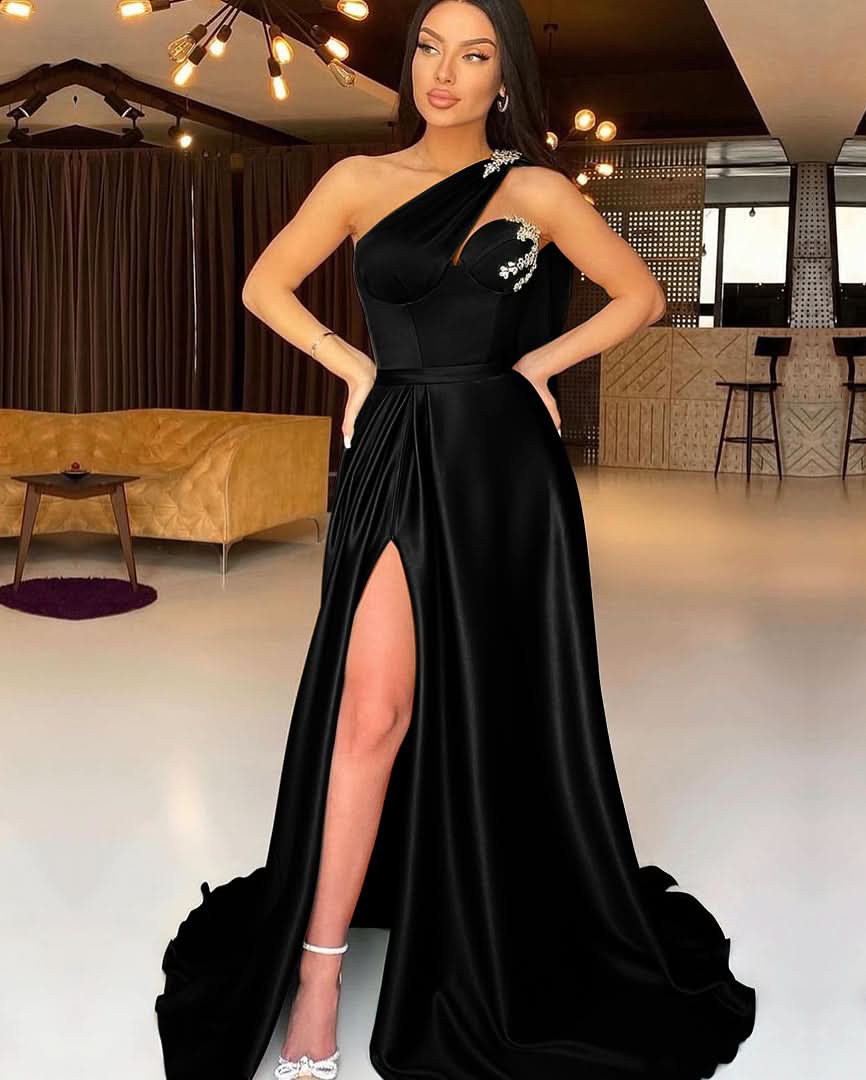 Dark Green One-Shoulder Mermaid Evening Dress with Split and Beadings BM bride