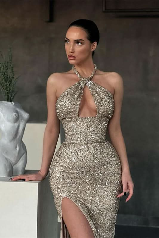Halter Sleeveless Mermaid Evening Dress Long with Sequins and Split BM bride