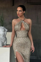 Halter Sleeveless Mermaid Evening Dress Long with Sequins and Split BM bride