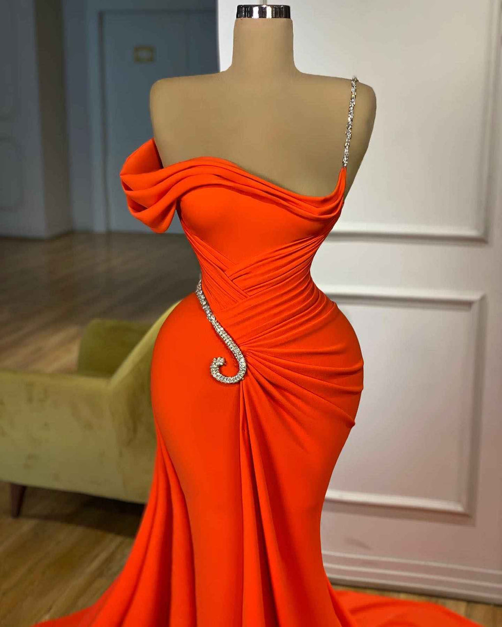 Chic Orange One Shoulder Appliques Sleeveless Long Prom Dress