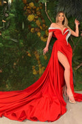 Red V Neck Off the Shoulder Pleated Prom Dress Split With Beading BMBRIDE