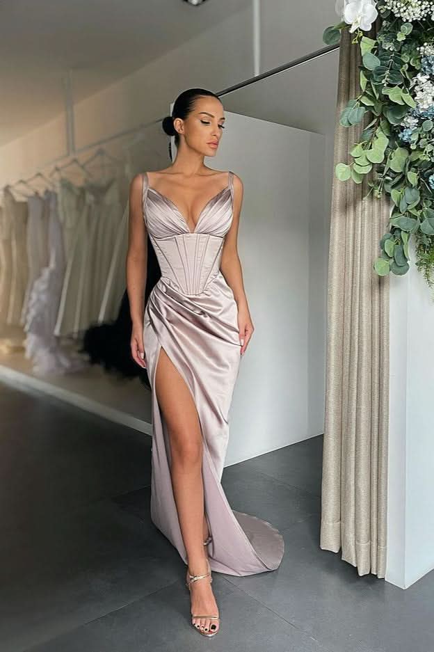 V-Neck Split Sleeveless Prom Dress BM bride