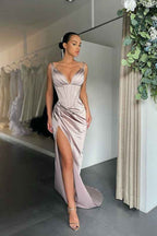 Modern Spaghetti Strap V Neck High Split Prom Dress Sleeveless With Pleated