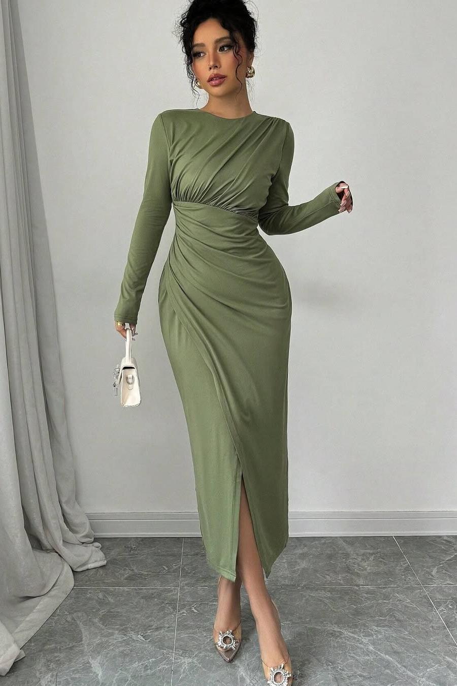 Long Sleeves Jewel Neck Tea Length Prom Dress With Split Pleated BMBRIDE
