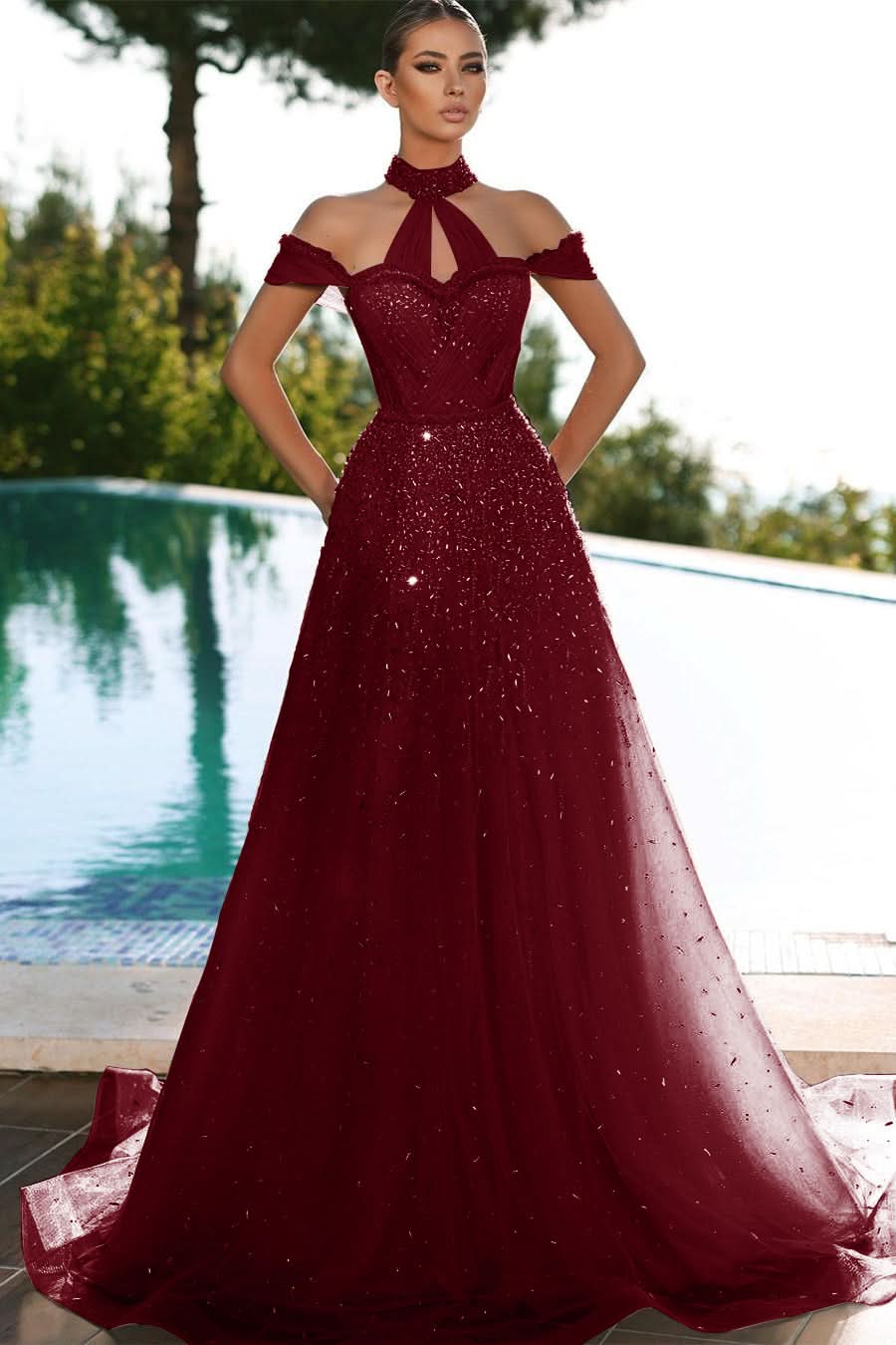 Gorgeous Pink Off-the-Shoulder Evening Dress Mermaid Prom Dress with Tulle Sequins BM bride