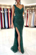 Green Prom Dress Spaghetti Strap With Split Pleated Sequins