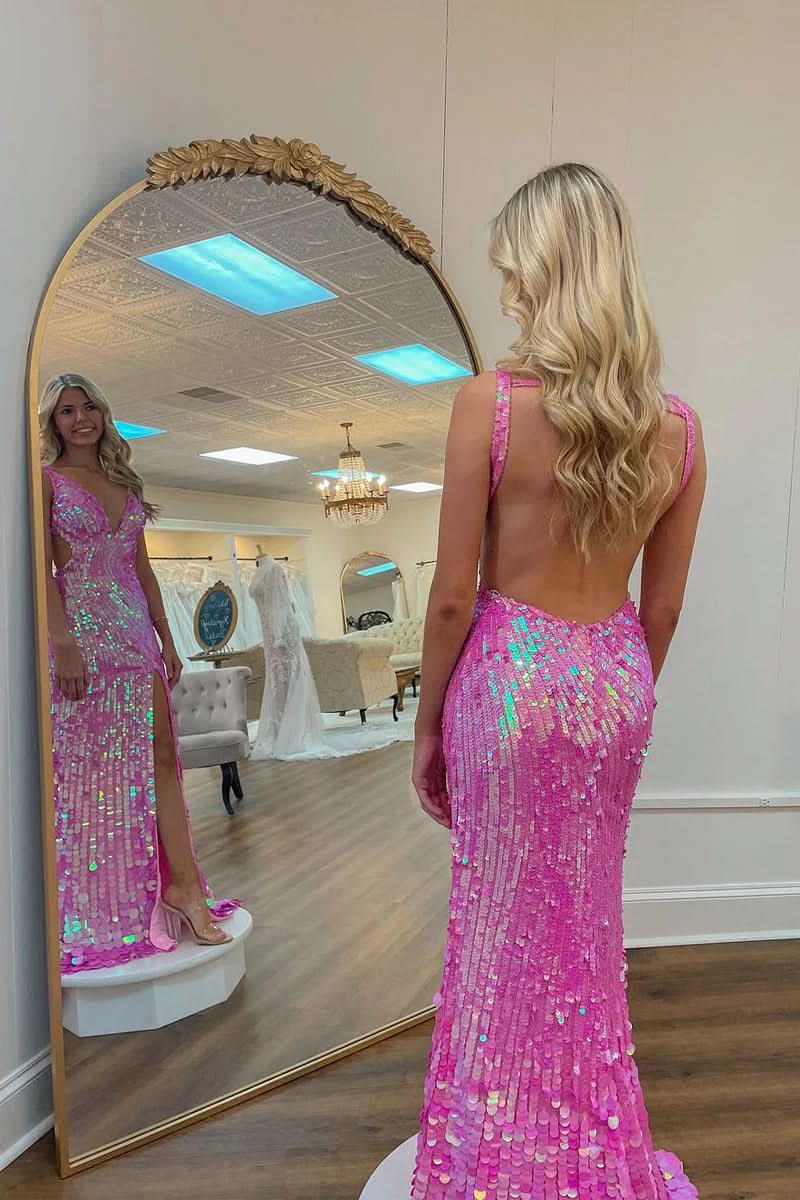 Pink Sequins V Neck Backless Sleeveless High Slit Prom Dress BM bride