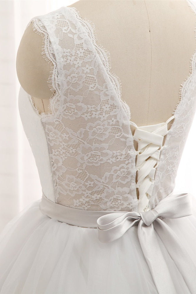 Princess Jewel Neck Long Wedding Dress with Tulle Lace BM bride