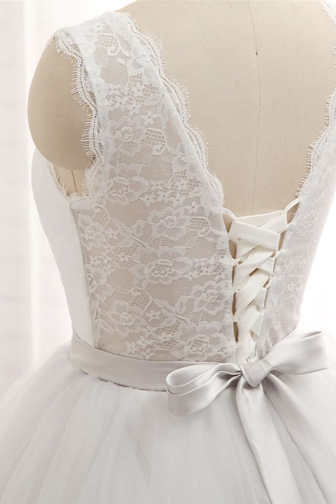 Princess Jewel Neck Long Wedding Dress with Tulle Lace BM bride